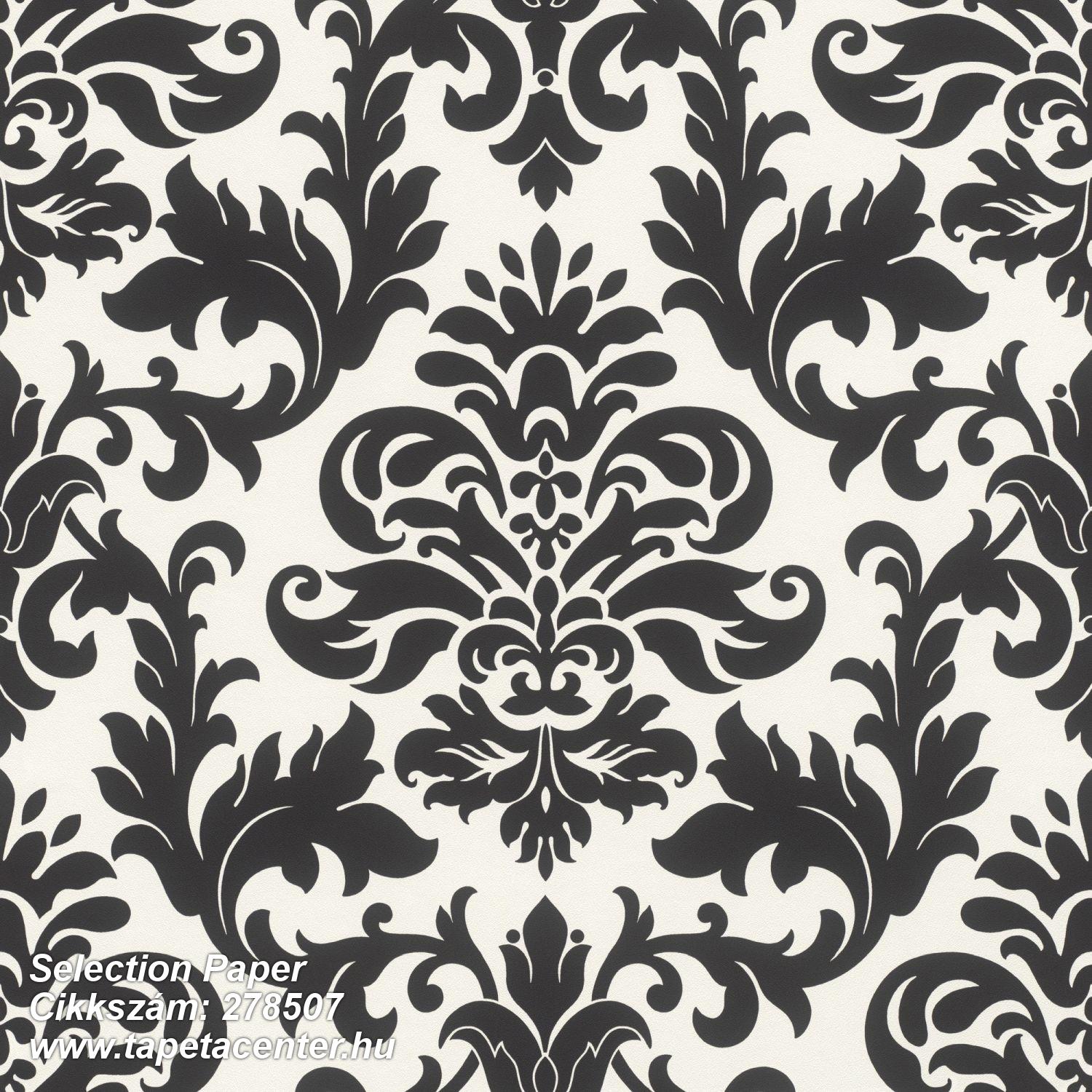 Barokk-klasszikus,természeti mintás,fehér,fekete,papír tapéta 